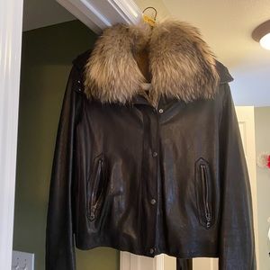 Women’s black leather jacket with fur collar